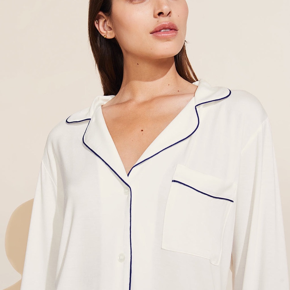 Women's White Pajama Top and Bottom with Navy Trim SET